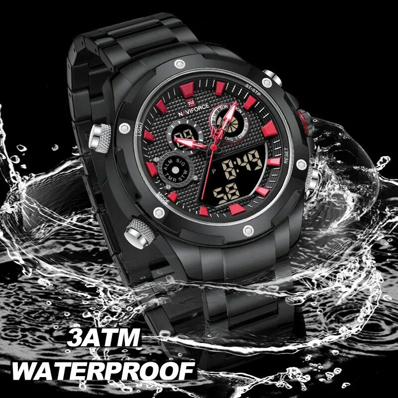 NAVIFORCE jam tangan kulit Digital pria, arloji bercahaya Hari dan tanggal Alarm, tahan air