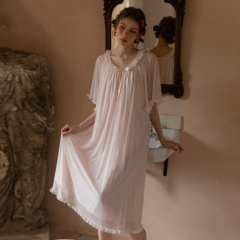 Female Mesh Long Nightdress Palace Style Princess Nightgown Sleepwear Spring Summer Short Sleeve Bathrobe Home Dressing Gown