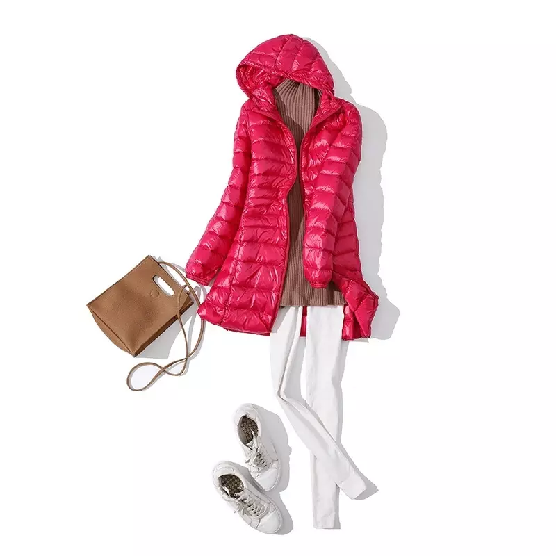 Jaqueta longa e quente com capuz para mulheres, moda feminina, bolsa de armazenamento portátil, casacos femininos, sobretudos femininos, casaco de comprimento de quadril