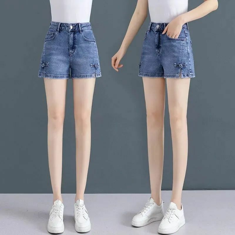 Calções jeans casuais de cintura alta, moda justa, A-Line, Novo, 2022