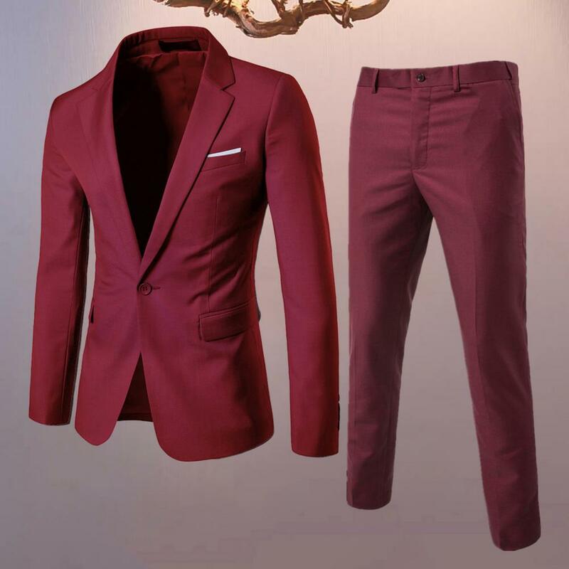 Slim Fit Business Outfit Stylish Men's Business Suit Set Lapel Single Button Coat Slim Fit Pants with Pockets Workwear for A