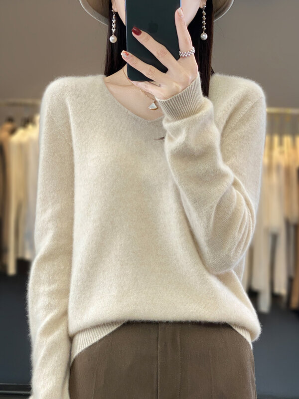 2024 New Women Basic V-Neck Pullover Sweater 100% Merino Wool Long Sleeve Cashmere Knitwear Autumn Winter Female Clothing Tops