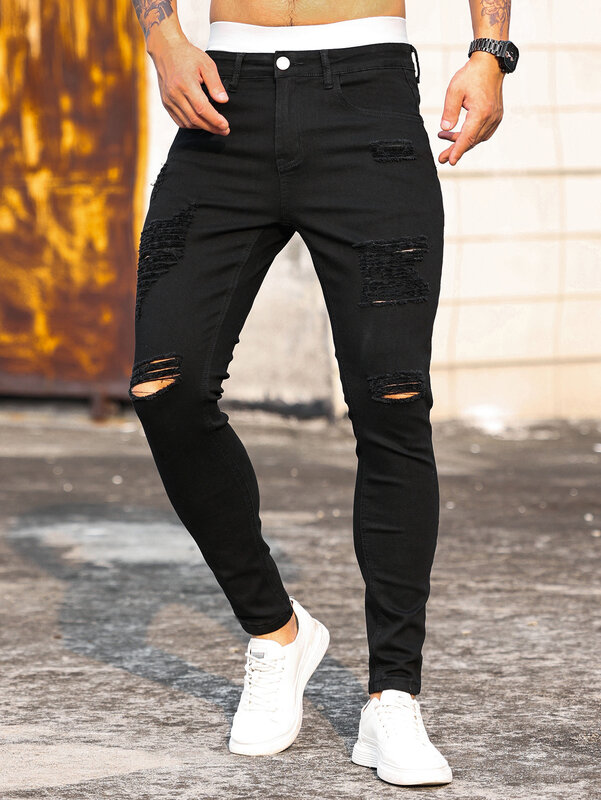 Джинсы мужские рваные узкие, модные брюки из денима в стиле хип-хоп, повседневные рваные джинсы для бега, уличная одежда, черные, на весну