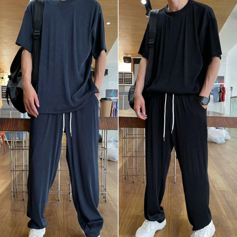 2023 Summer Tracksuit Sets Men Outfit Solid Ice Silk Draped Short Sleeve Tops Long Pant Loose Tracksuit Casual Suits ropa hombre