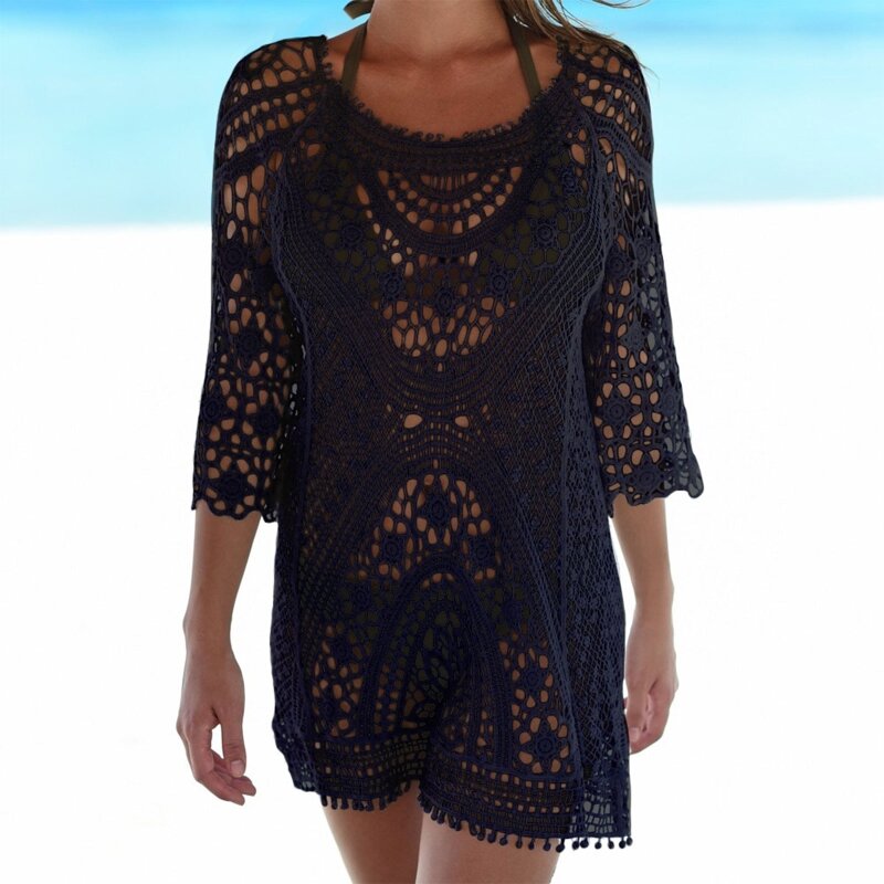 Women Swimsuit Cover Up Hollow Crochet Floral Lace Backless Beach Dress P8DB