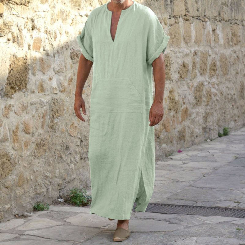 Vestes de linho de algodão sólido masculino manga curta Jubba Thobe, árabe muçulmano, decote em V islâmico, homem Abaya, moda masculina