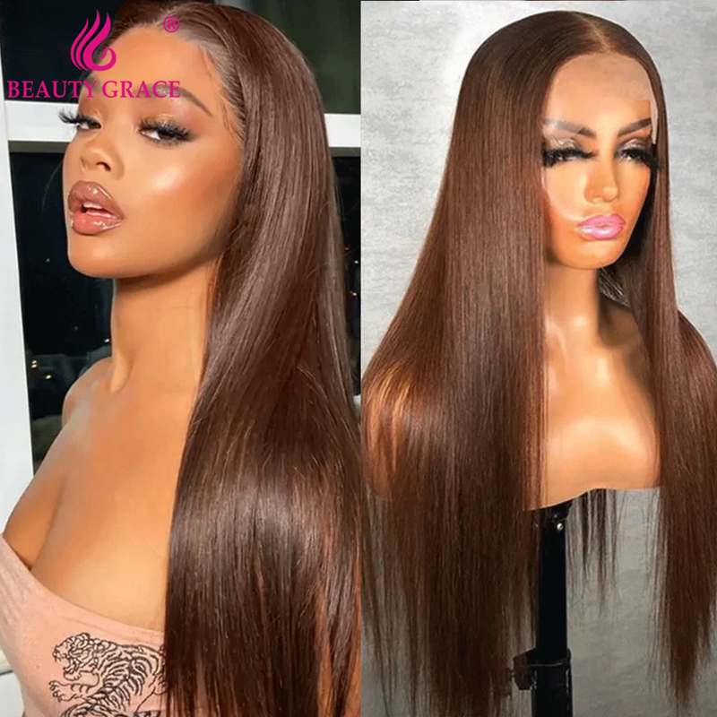 Dark Brown Straight 13X4 Lace Front Wig Chocolate Brown Bone Straight Human Hair Wigs Flash Sale Beauty Grace