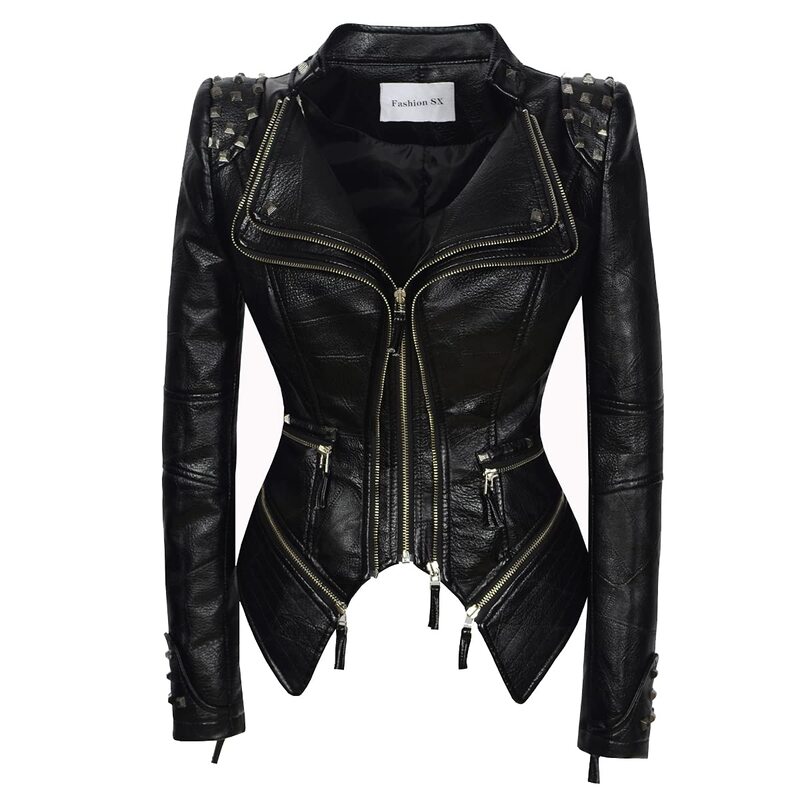Женская мотоциклетная куртка из искусственной кожи, черная облегающая байкерская куртка с лацканами под змеиную кожу и заклепками, верхняя одежда в стиле панк для осени