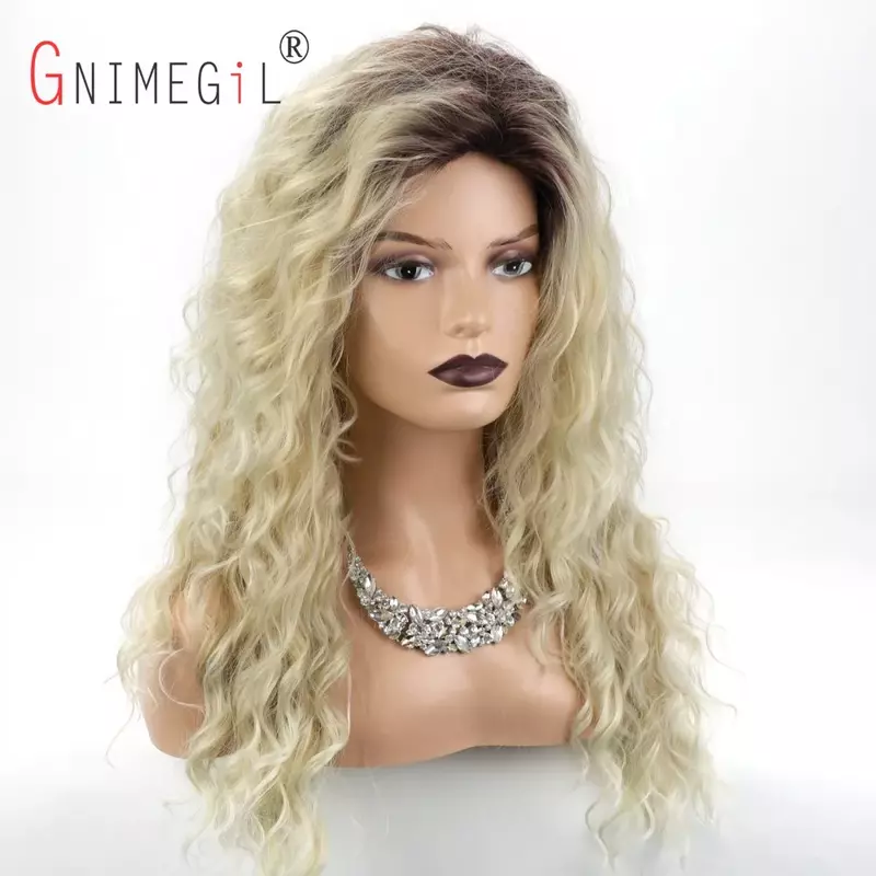 Gimegil syntetyczny z długich włosów peruki z kręconymi włosami dla kobiet Ombre blond peruka z ciemnymi korzeniami wolna część peruka z falowanymi włosami do włosów dla dziewczynki Sexy Drag peruka