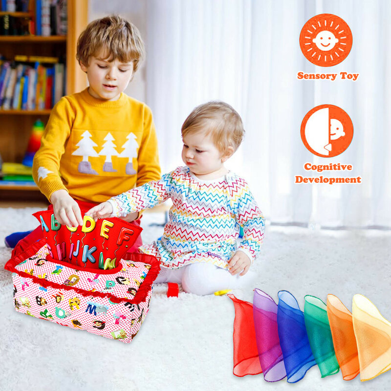 Caja de pañuelos de juguete para bebés de 6 a 12 meses, juguetes sensoriales para recién nacidos, bufandas de juego, caja de pañuelos mágica educativa