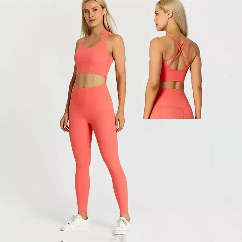 Lemon pakaian olahraga untuk wanita 2 potong Set Gym disikat terasa telanjang legging Yoga pinggang tinggi Bra olahraga kain elastis 4 arah