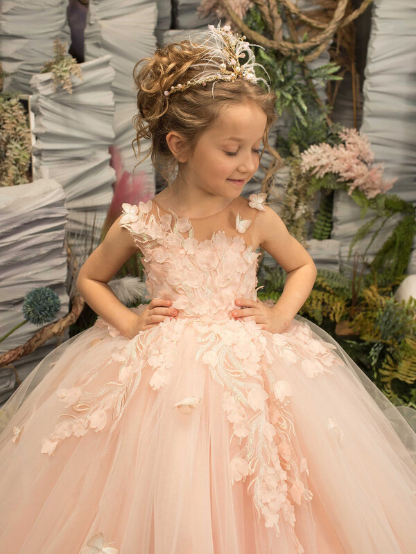 FATAPAESE Flower Girl Dresses for Wedding Pearl Pink Floral Tulle Luxury Princess Long Maxi Kids Bridesmaid Ball Gowns Birthday