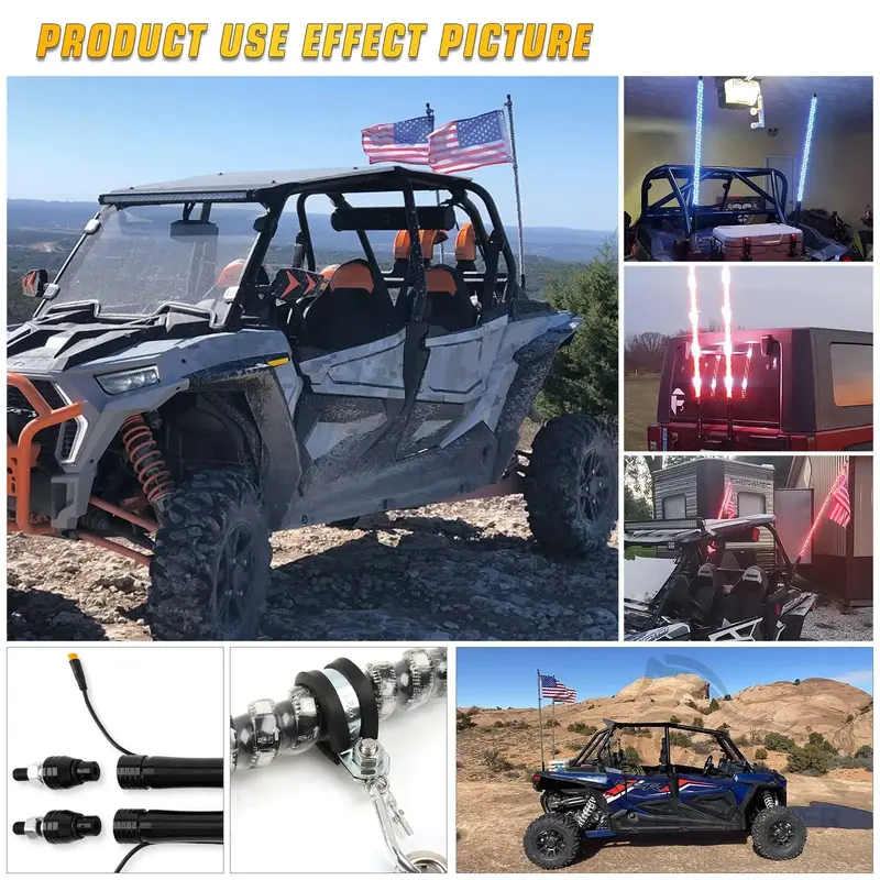 2PCS 2FT Bluetooth And Remote Control  Spiral LED Whip Lights Lighted Antenna Whips for ATV Polaris RZR