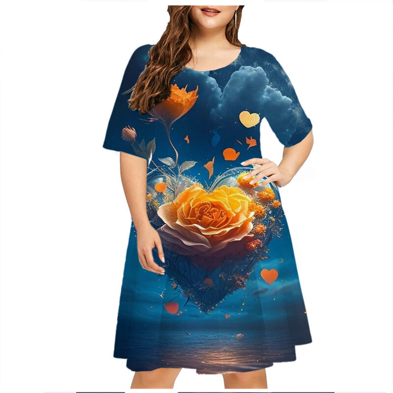 Crystal Cup Lemon Floral Print Dresses For Women 2023 Summer Beach Style Loose Plus Size Dress Casual Party Short Sleeve Dress