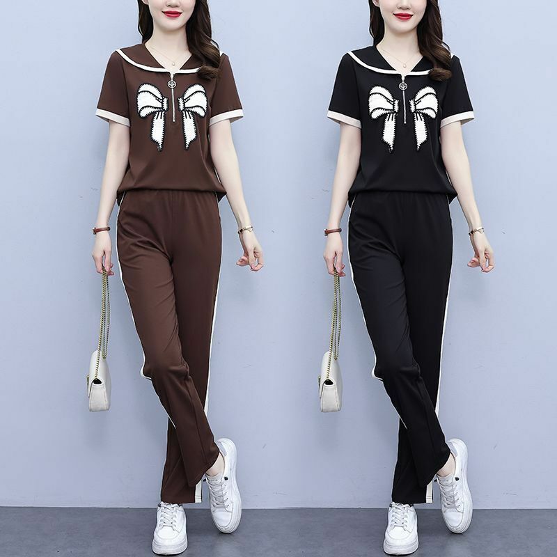 Western Style Fashion Suit For Women's Clothing 2024 Summer New Bow Loose Short Sleeved Tops And Casual Women Pants 2 Piece Set