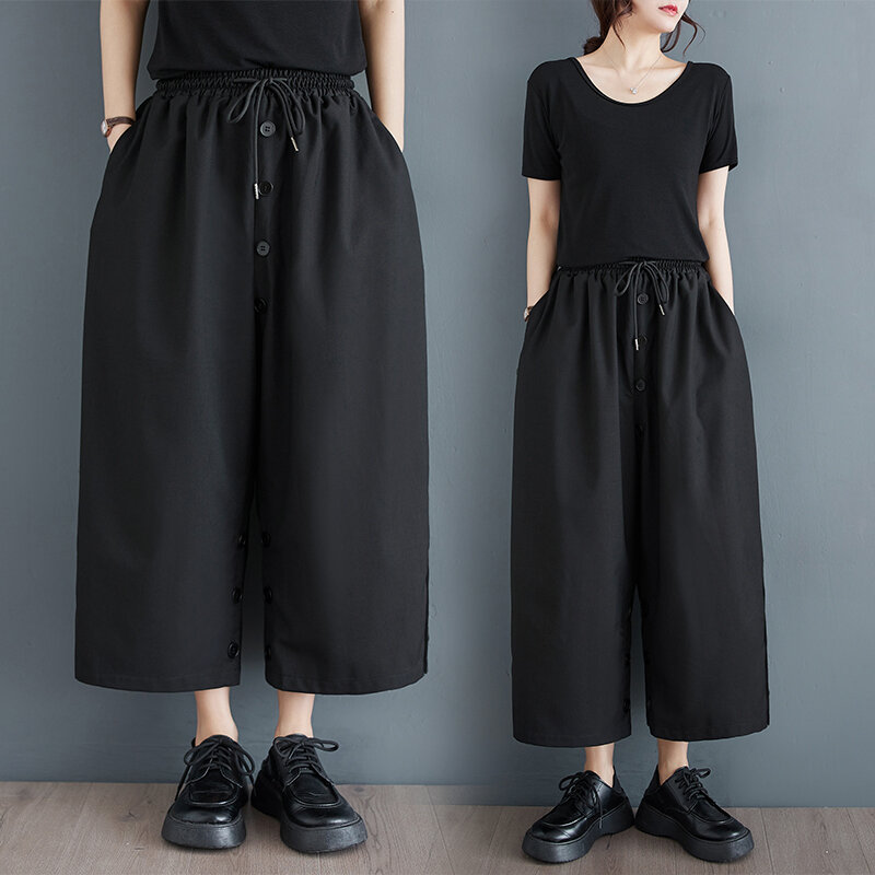 Giapponese Yamamoto Style Button vita alta Chic nero scuro allentato primavera estate pantaloni a gamba larga Street Fashion donna pantaloni Casual