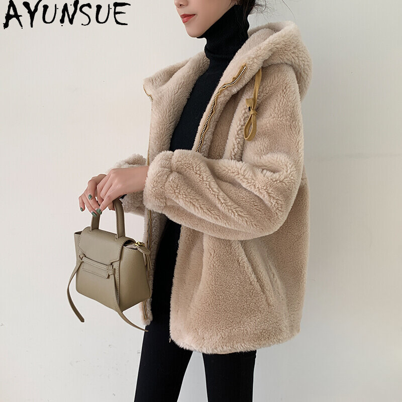 AYUNSUE-Jaqueta feminina com capuz para cisalhamento de ovelha, casacos de lã 100% granulados, outono, inverno, 2023