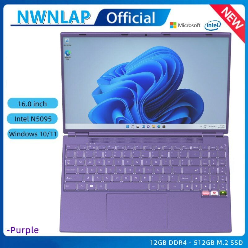 Paarse Goedkope Laptop Ramen 10 11 Kantooronderwijs Gaming Notebook 16.0 "12e Intel N95 16G Ram 512G Ssd Touch Id Smalle Zijde