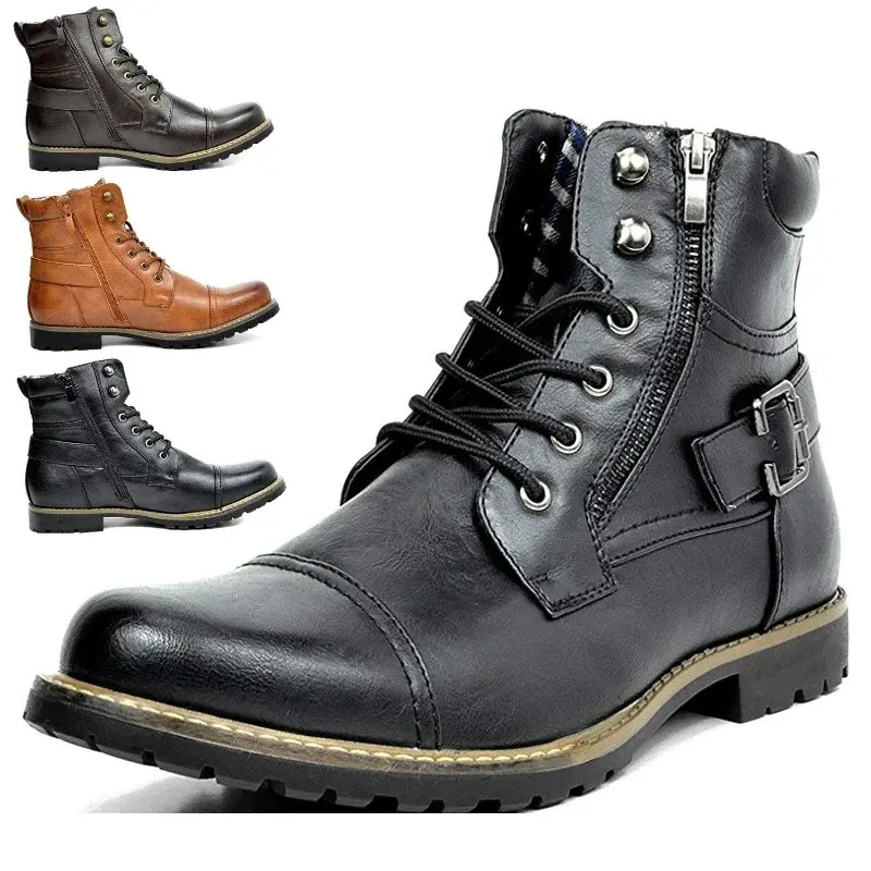 Botas de couro com zíper duplo masculino, bota de motocicleta casual, metal, sapatos masculinos