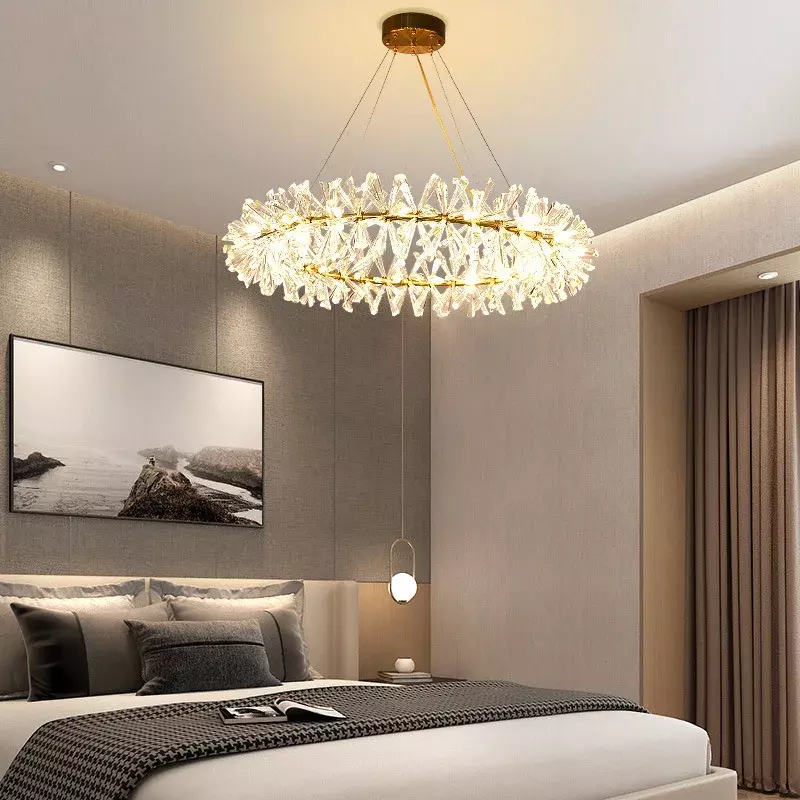 Candelabros LED de cristal transparente, lámpara redonda para sala de estar, restaurante, dormitorio, lámpara colgante de alambre de Metal dorado, Bombilla G4 ajustable reemplazable