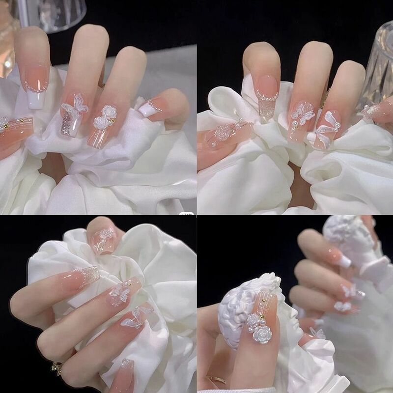 24pcs Nail Tips DIY Manicure Fake Nials Crystal White Flowers French False Nails LongBallerina