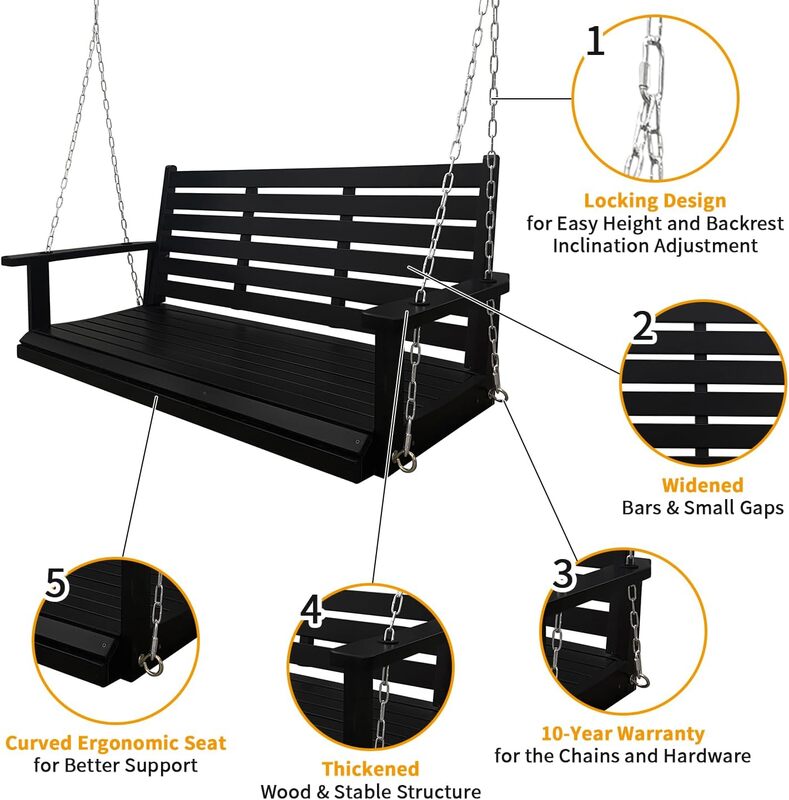 Ergonomic Seat, Bench Swing with Hanging Chains and 7mm Springs, Heavy Duty 800 LBS, for Outdoor Patio Garden Yard