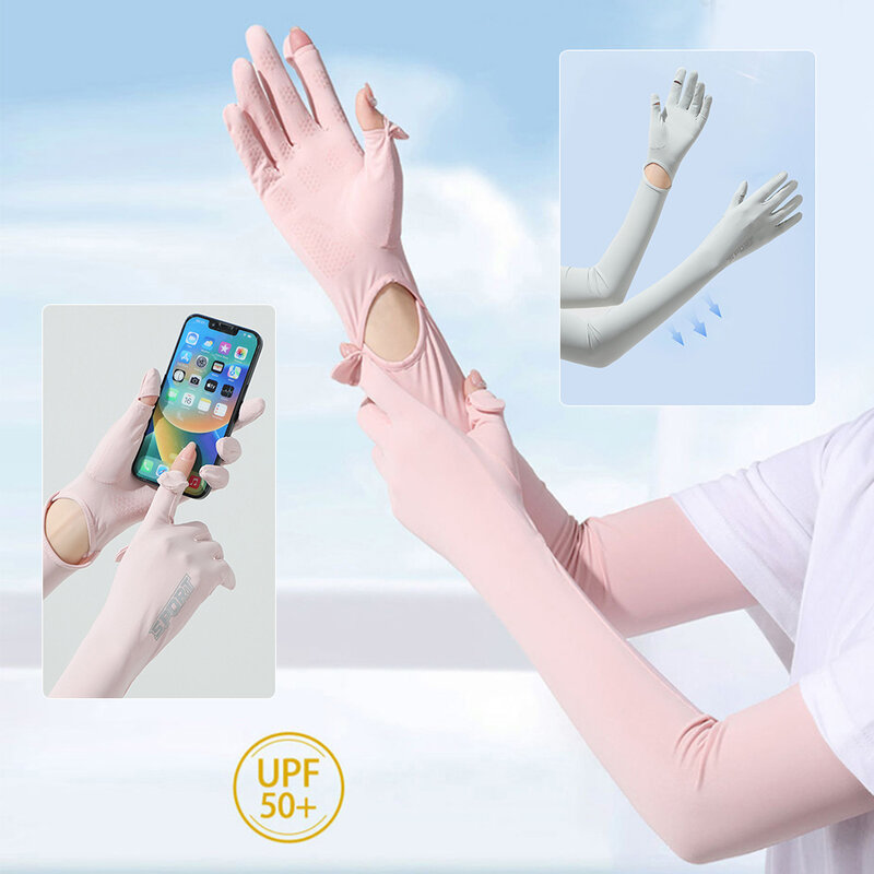 Sarung tangan berkendara wanita, pelindung UV luar ruangan musim panas es sutra sarung tangan tabir surya elastis cepat kering UPF 50 + sarung tangan cangkang panjang