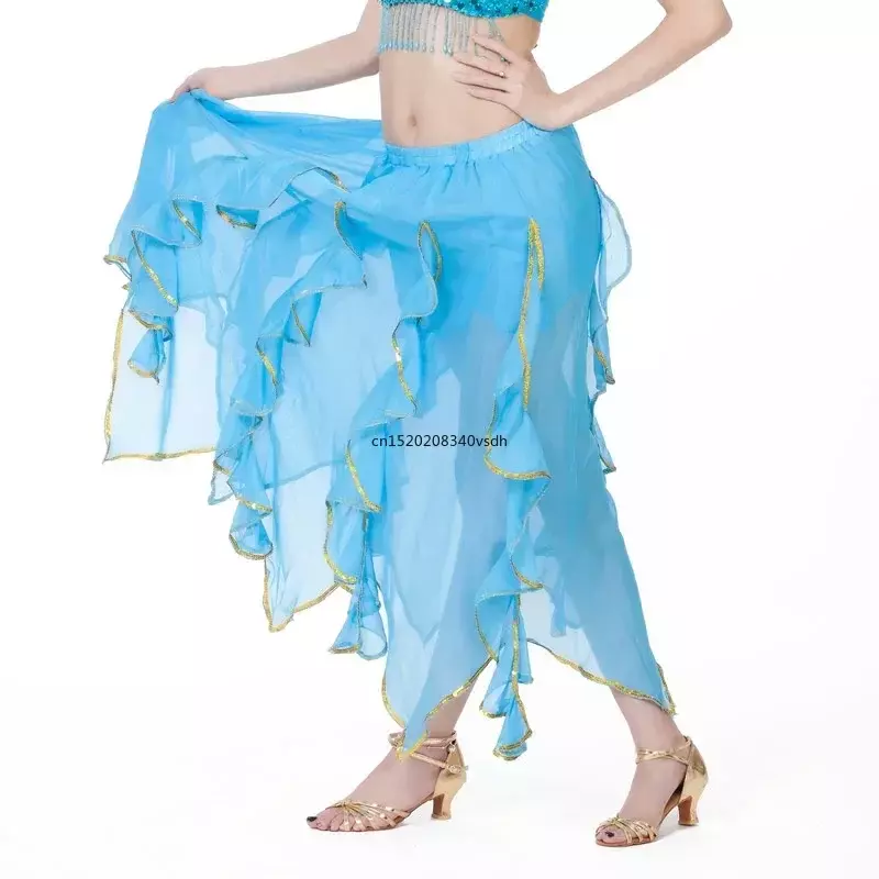Szyfonowy podwójny wysokie rozcięcie orientalny spódnice do tańca na brzuch dla kobiet (bez paska) strój do tańca brzucha spódnica