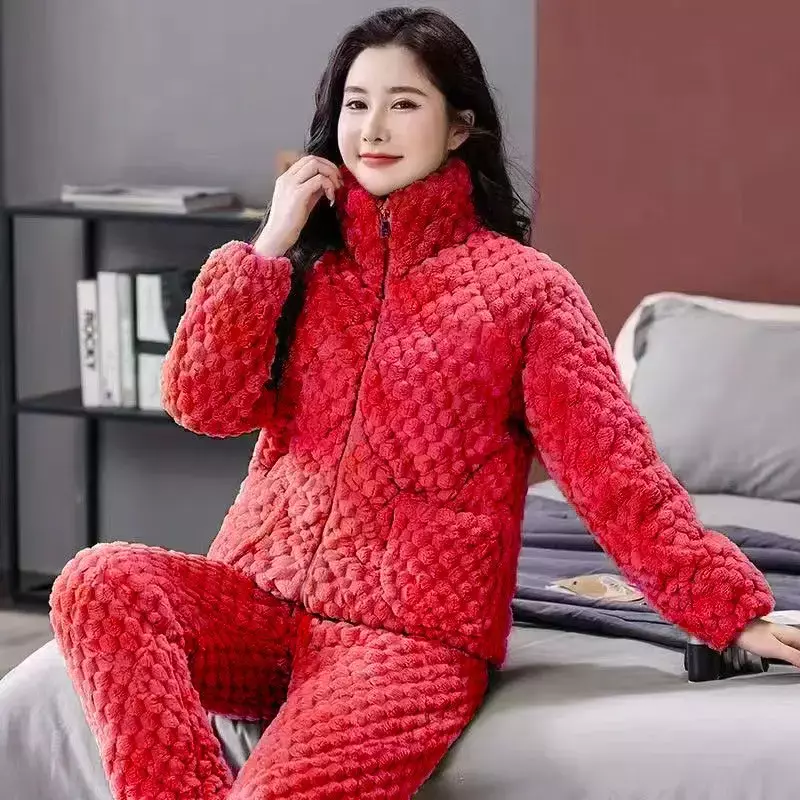 Pijama de flanela forrado a lã para mulheres, roupa de dormir de três camadas, roupa caseira acolchoada, pijama espessa, popular, inverno