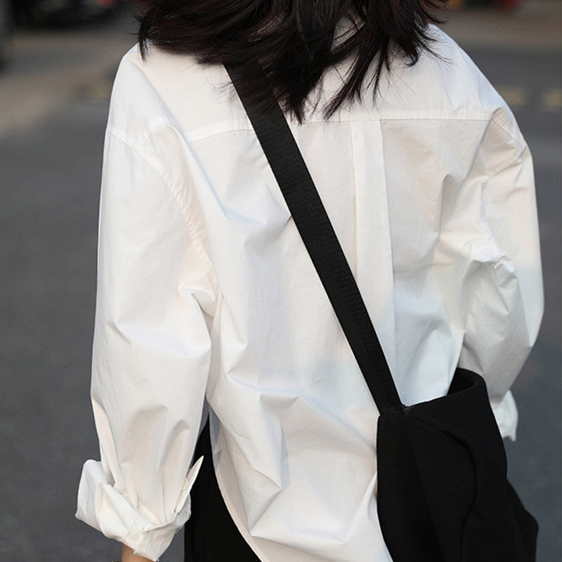 Camisa blanca holgada de estilo británico para mujer, Top de manga larga con solapa y botonadura única para viajes de negocios, primavera y otoño, 2024