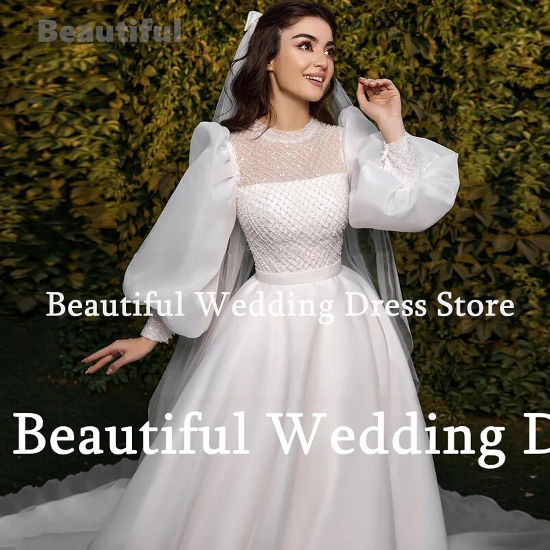 Elegant Arab Muslim Luxury Wedding Dress O-Neck Long Sleeves Appliques A-Line New Wedding Party Dress Vestidos de novia 2024