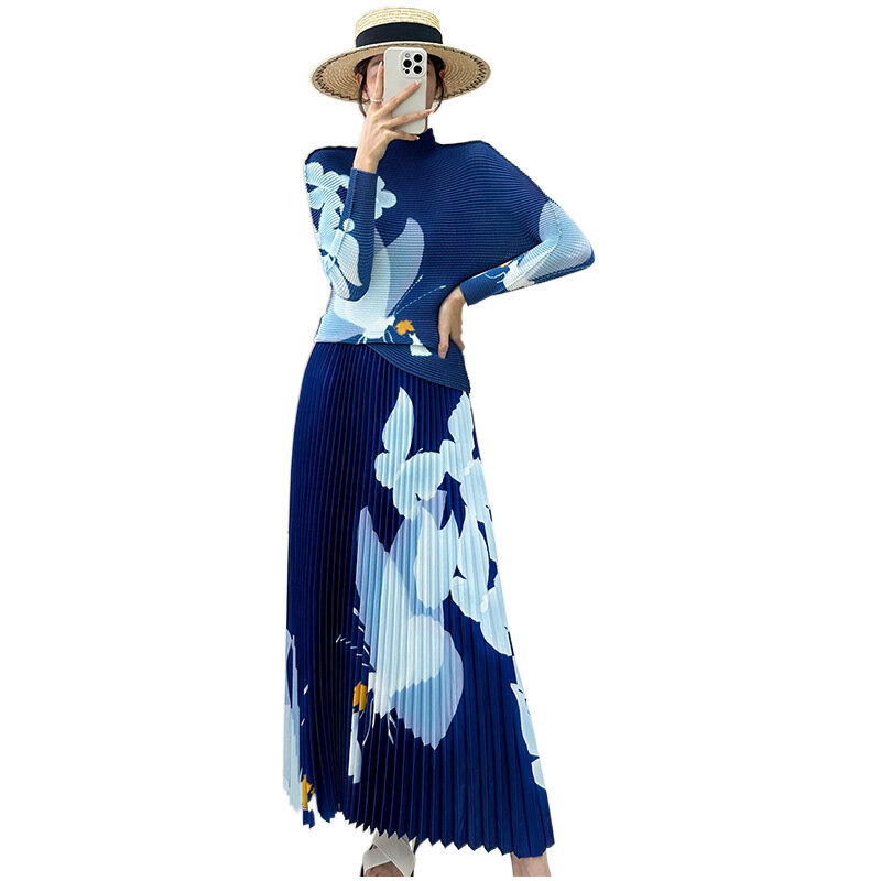 Miyake Fashion Set Women's 2024 Spring and Autumn Seasons Trendy Printing High End Pleated Temperament Commuter Top+Half Skirt