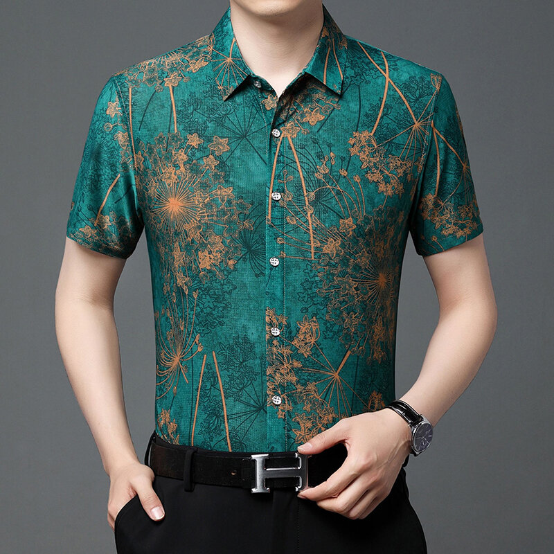 Fashion Lapel Button Vintage Printed Short Sleeve Shirts Men's Clothing 2024 Summer New Loose Casual Tops All-match Shirts