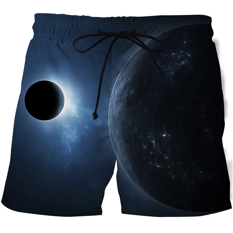 Celana pendek pantai Hawaii pria, bawahan berenang cetakan 3D lubang hitam papan Planet musim panas