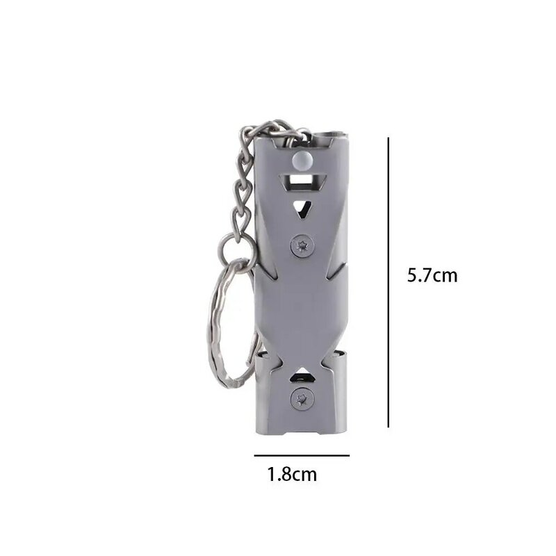 Aço inoxidável apito Keychain, sobrevivência ao ar livre, tubo duplo, alta decibel