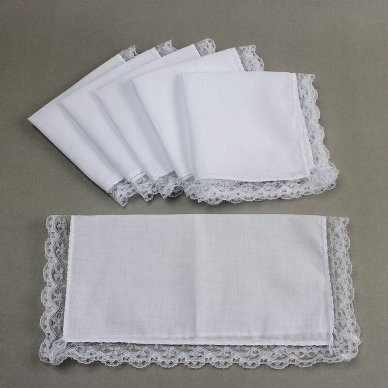 5pcs/Set Pure White Lace Hankerchiefs New Wedding Towels Print Draw Hankies Cotton DIY Pocket Square Men