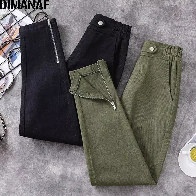 Женские Длинные хлопковые брюки DIMANAF, винтажные свободные штаны черного цвета с эластичной талией, повседневные брюки для осени, 2024