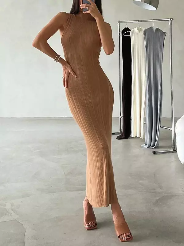 Vestido feminino de malha sem mangas, bodycon sexy, vestido de malha com nervuras, marrom, elegante, festa, verão, 2022