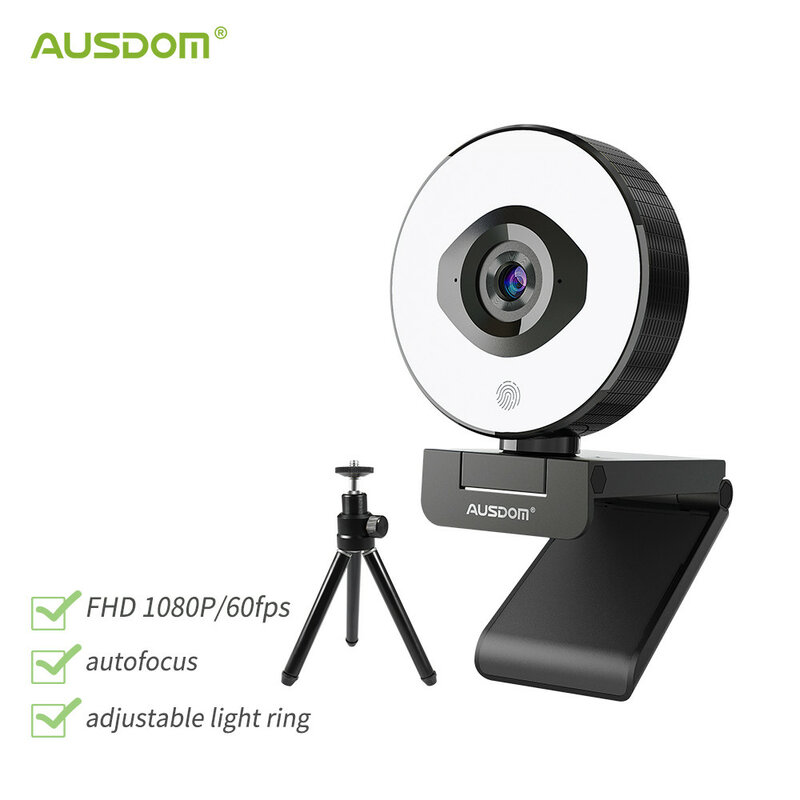 AFfiled-Webcam FHD 1080P 60FPS, résistant à la mise au point automatique 75, avec lumière droite réglable, trépied libre pour streaming en direct, nouveau