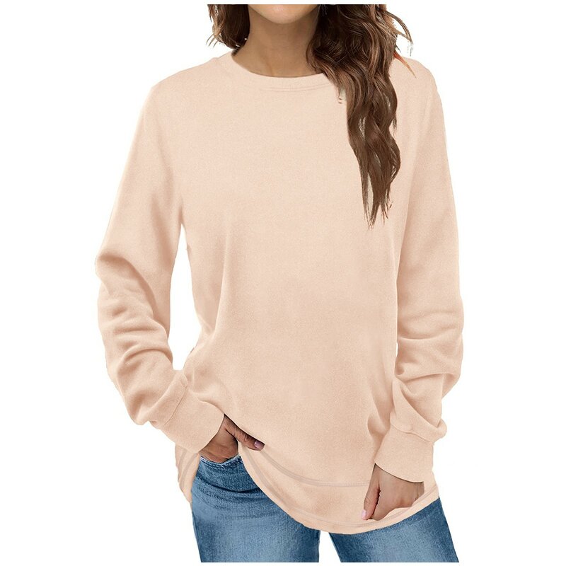 Pullover kaus kasual longgar wanita, kaus atasan simpel lengan panjang leher bulat warna polos musim semi dan musim gugur untuk perempuan