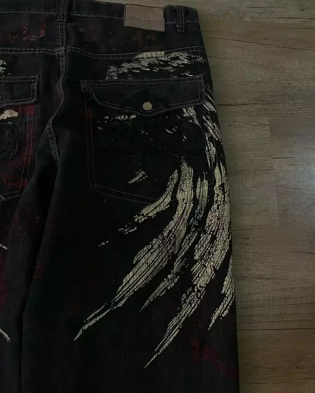 Джинсы в стиле Харадзюку для мужчин и женщин, уличные мешковатые джинсы в стиле ретро, хип-хоп, с графическим принтом, в стиле оверсайз, широкие брюки из денима, Y2K