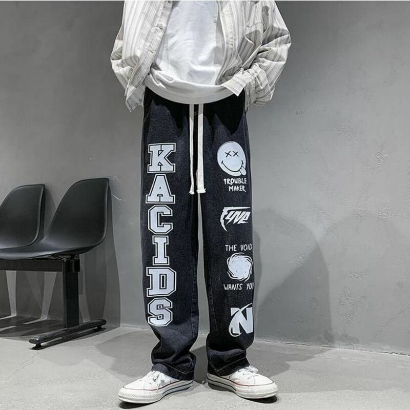 Pantaloni Hip Hop da strada da uomo High Street Trend Ins Trend Retro Jeans da uomo pantaloni larghi dritti a gamba larga stampati lettera