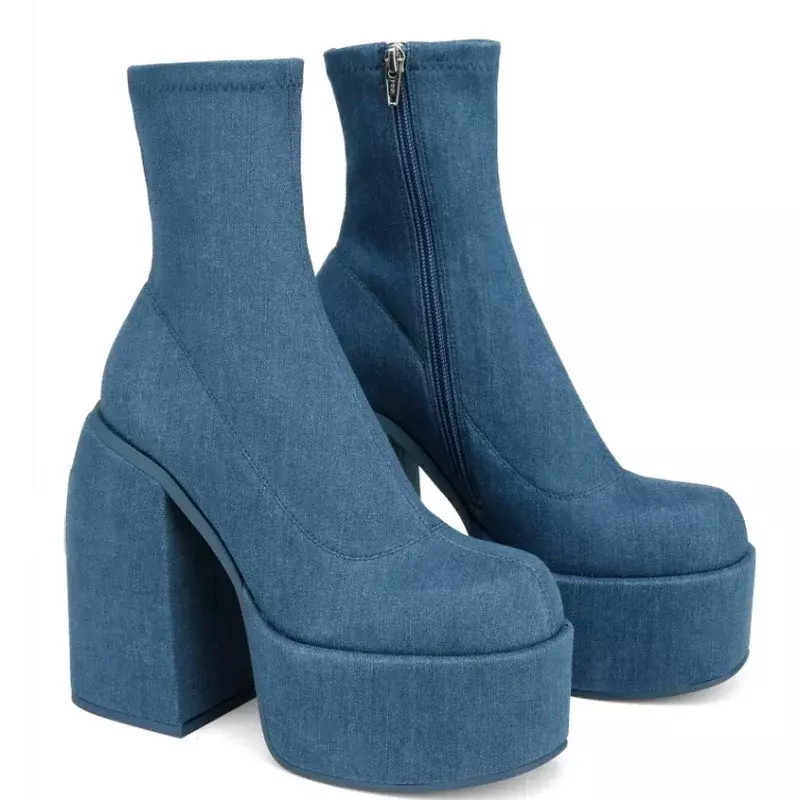 Designer Ankle Boots for Women Brand Woman Heels Platform Chunky Blue Cowboy Boots Solid PU Women Shoes New Sexy 10cm High Heels