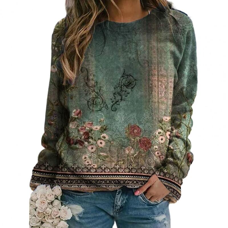 Женский свободный пуловер с цветочным принтом, круглым вырезом и длинным рукавом