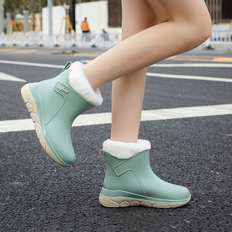 New Fashion Short Tube Women's Rain Boots Outdoor PVC Waterproof Casual Women's Boots Comfortable Slip-On Work Can Add Cotton