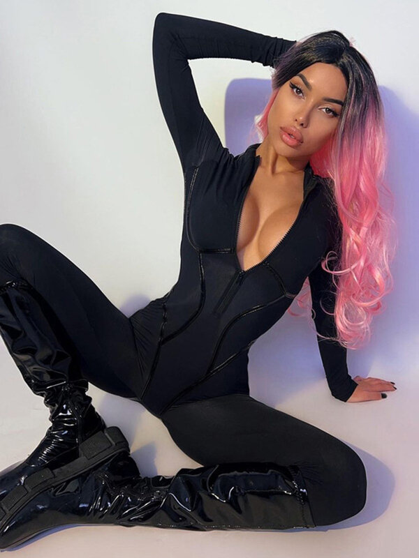 Mozision Black Sexy Skinny Jumpsuit Women Overalls O Neck Full Sleeve Zipper Sporty Jumpsuits Ladies Fashion Rompers Streetwear