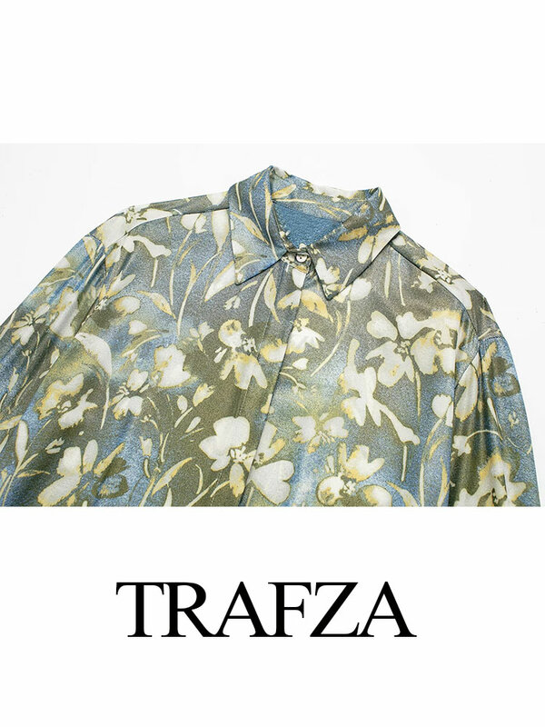 TRAFZA 2024 Spring Female Vintage Metallic Flower Print Skirt Suit For Women Long Sleeves Shirt+High Waist Midi Pleated Skirt