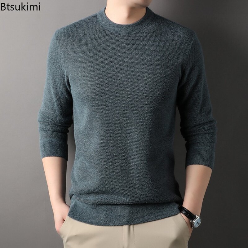 New 2024 Men's Casual Warm Knitted Sweater Pullovers Winter Plush Round Neck Solid Long Sleeve Sweaters Male All Match Sweater