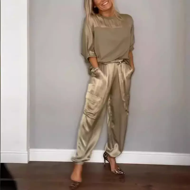 Women Spring Summer Fashion Solid Color Satin Two Piece Set Round Neck Long sleeved Top Long Pants Casual Loose Two Piece Set