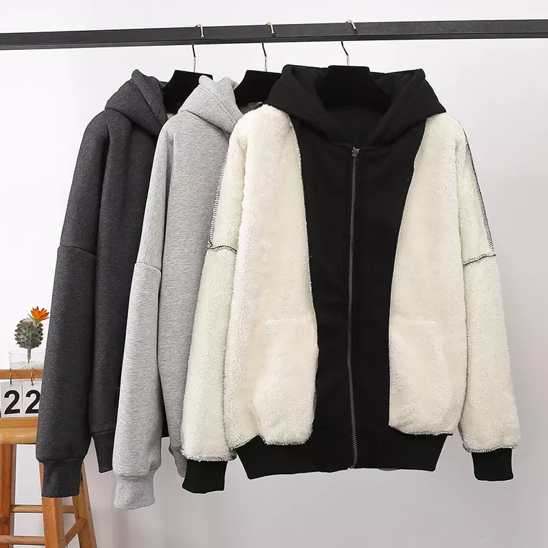 Hoodie de lã de cordeiro monocromático feminino, casaco de lã solto, tamanhos maiores, grosso, zíper, moletom feminino, cinza, preto, casaco quente, outono, inverno